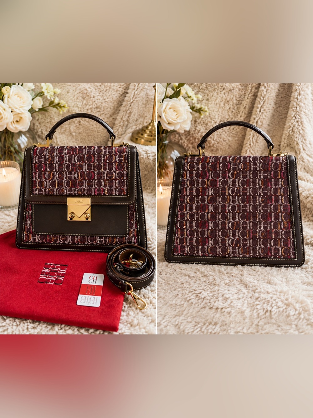 Carolina Herrera Brown Monogram Satchel with Red Interior